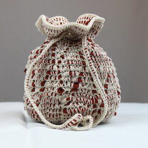Handcrafted Crochet Cream Dark Orange Drawstring Pouch